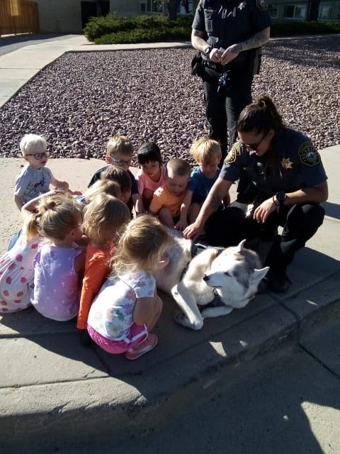 Children pet a husky as an Animal Control officer kneels beside them