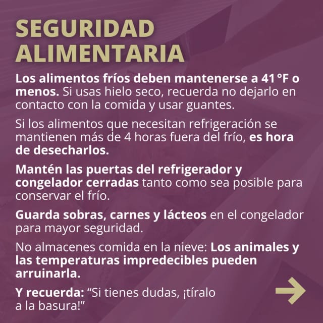 Food safety. Keep food cold at 41°F or below. Keep refrigerator doors closed. When in doubt, throw it out.