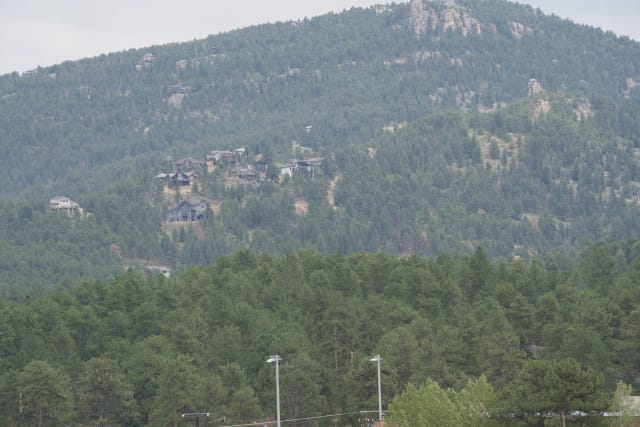 Homes scattered across a forested foothills hillside with rock outcrops, seen across a line of ponderosa pines