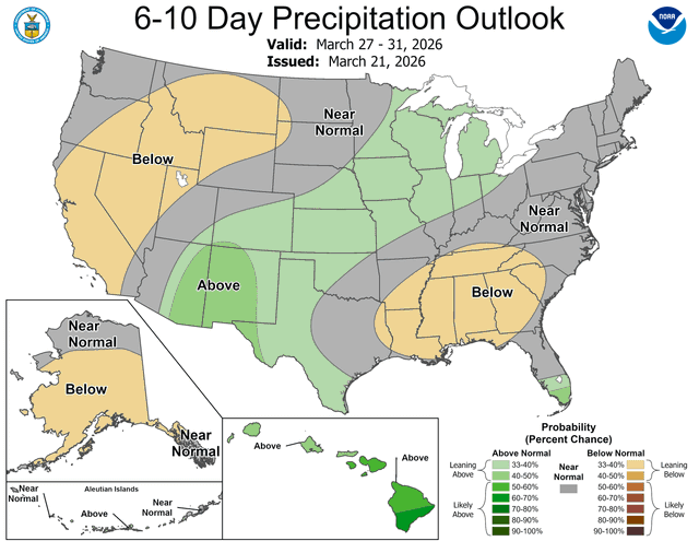 NOAA 6-10 day precipitation outlook map for the contiguous United States, updated daily by the Climate Prediction Center