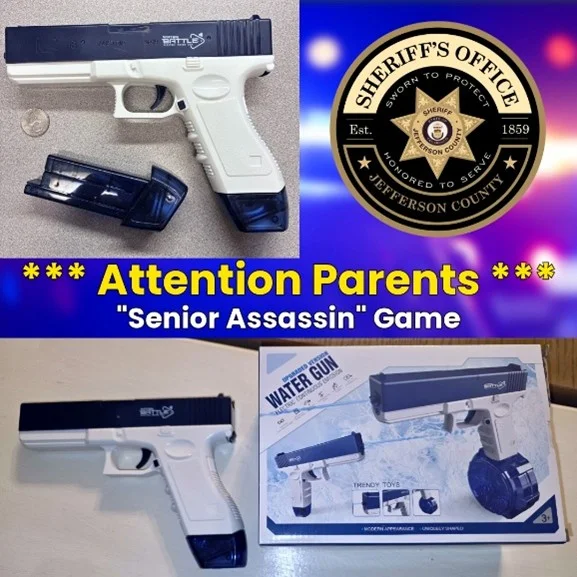 Comparison image showing a real handgun next to a water gun used in the Senior Assassin game