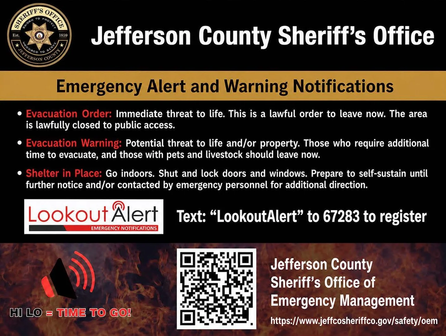 JCSO Emergency Alert and Warning Notifications magnet explaining Evacuation Order, Evacuation Warning, and Shelter in Place, with a LookoutAlert sign-up QR code