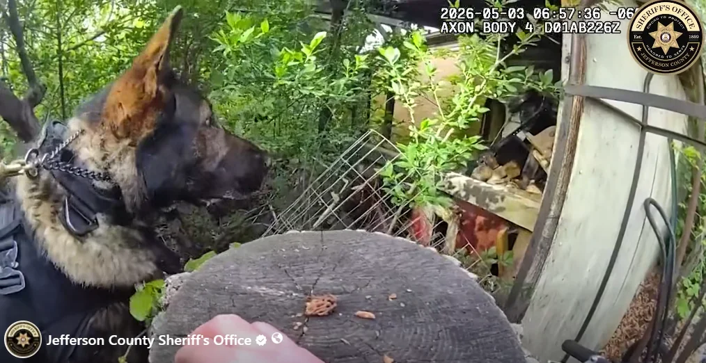 Body camera still of K9 Ultimo on a track through dense brush behind a home during the stolen vehicle investigation