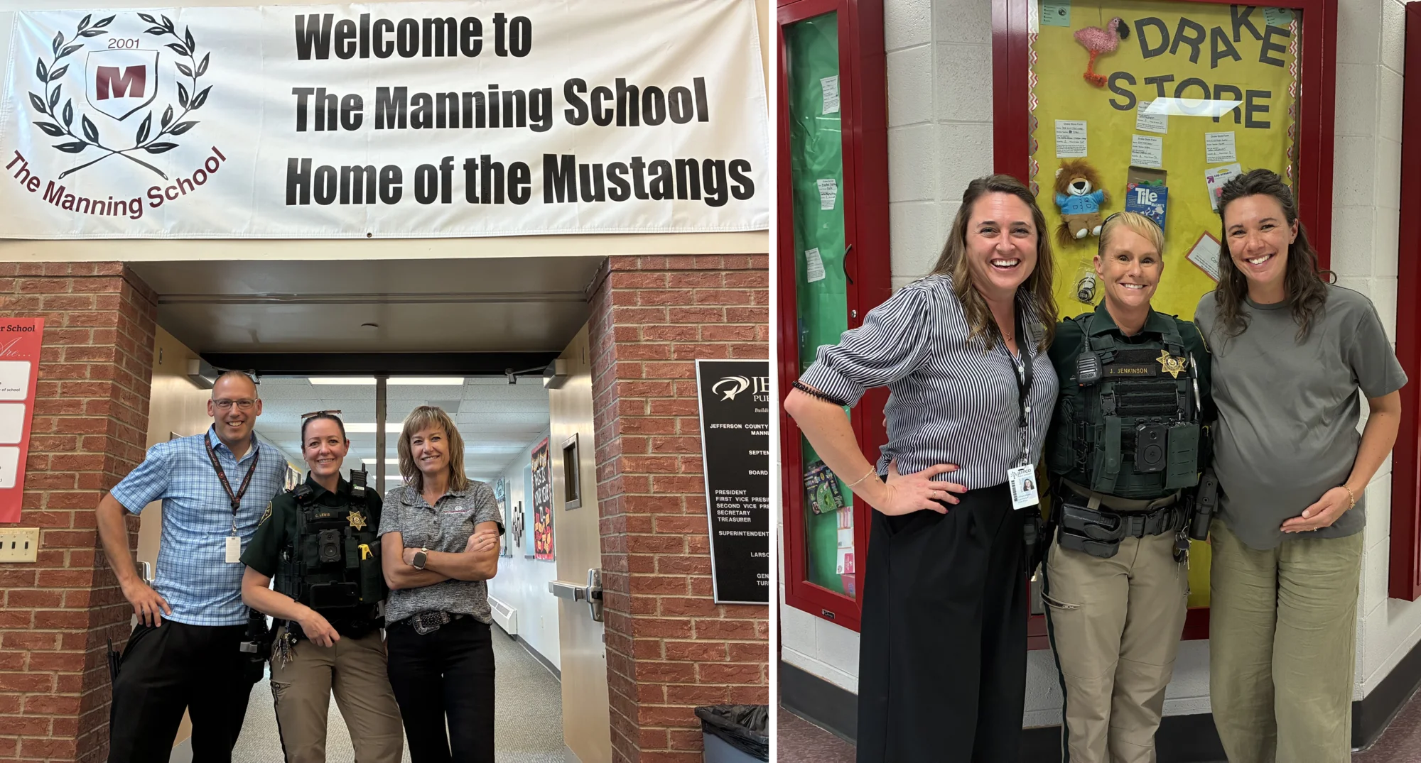 Two photos: a School Resource Officer with two staff members beneath a banner reading "Welcome to The Manning School, Home of the Mustangs," and another School Resource Officer with two staff members in front of a classroom door decorated as the "Drake Store"
