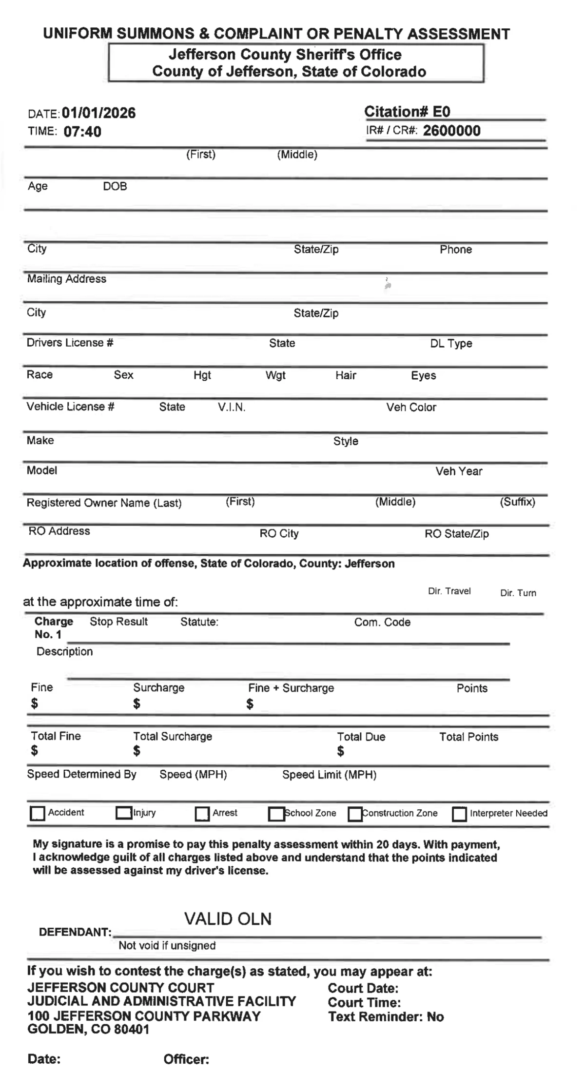 Example digital MTC citation headed 'Uniform Summons & Complaint or Penalty Assessment', issued by the Jefferson County Sheriff's Office
