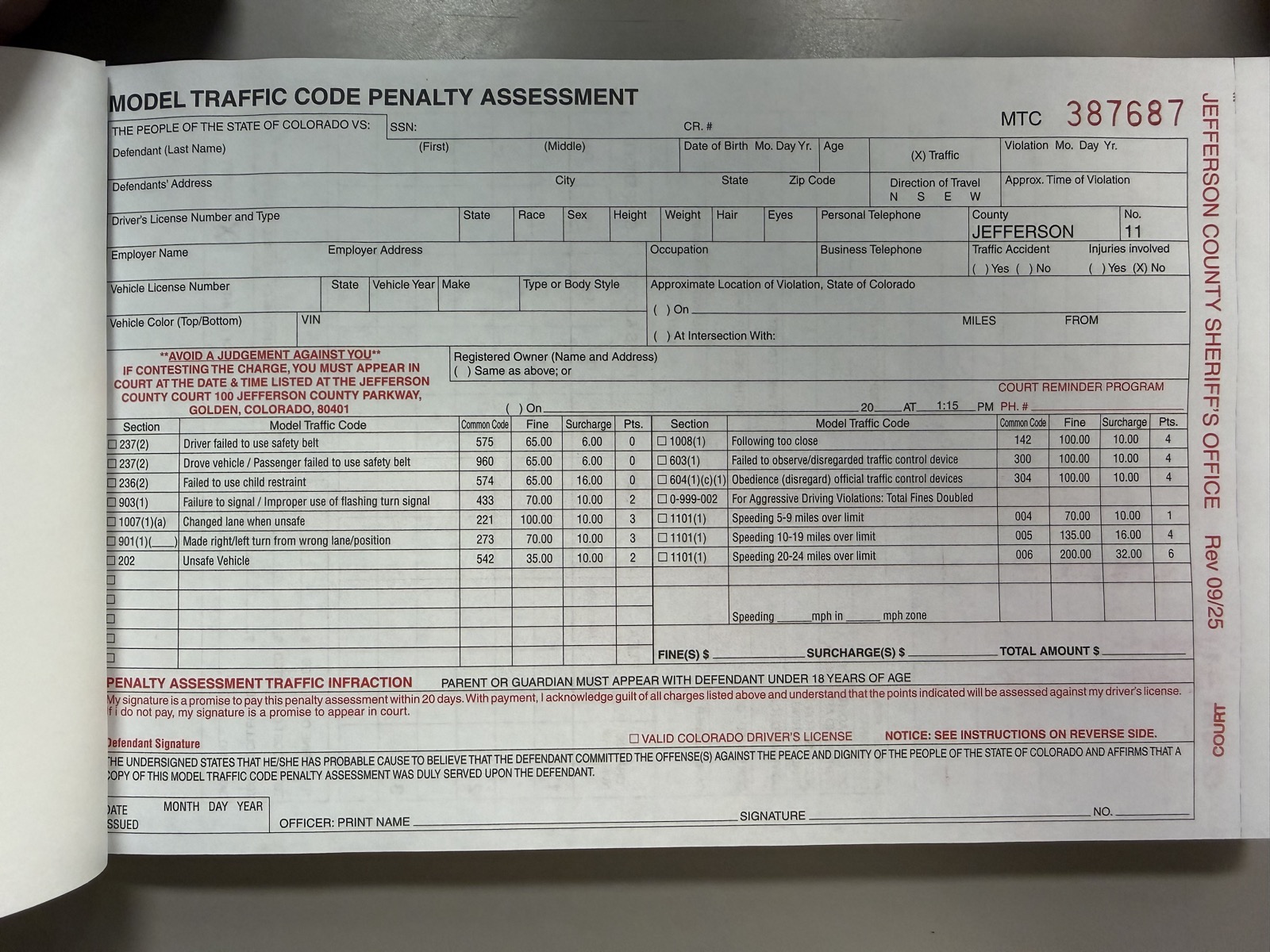 Example MTC Citation form headed 'Model Traffic Code Penalty Assessment' with ticket number MTC 387687