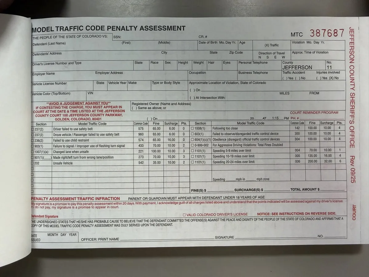 Example MTC Citation form headed 'Model Traffic Code Penalty Assessment' with ticket number MTC 387687