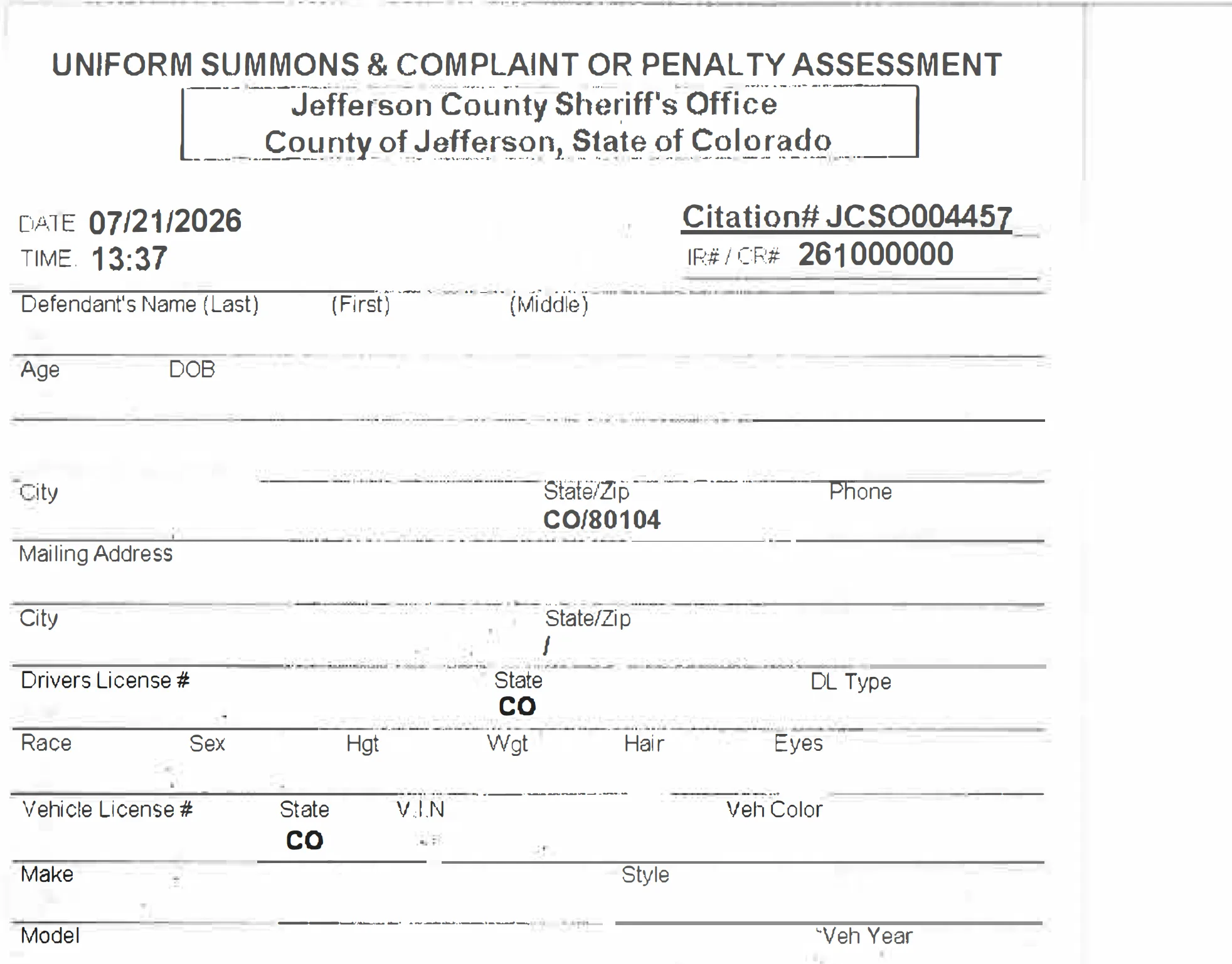 Example digital State Summons headed 'Uniform Summons & Complaint or Penalty Assessment' with citation number JCSO004457, issued by the Jefferson County Sheriff's Office