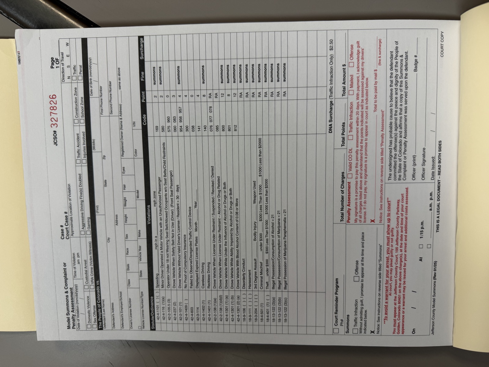 Example State Summons form headed 'Model Summons and Complaint or Penalty Assessment' with ticket number JCSO 327826