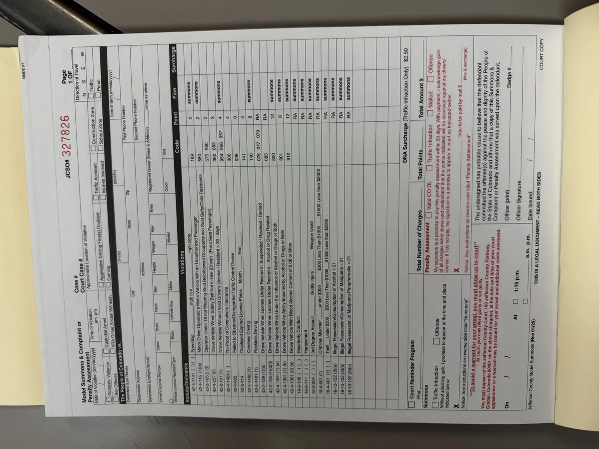 Example State Summons form headed 'Model Summons and Complaint or Penalty Assessment' with ticket number JCSO 327826